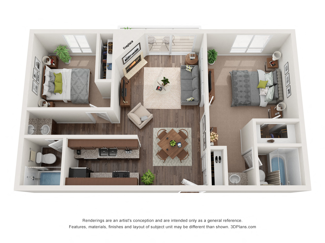 Floor plan for 2 beds, 2 baths, 1041 sqft